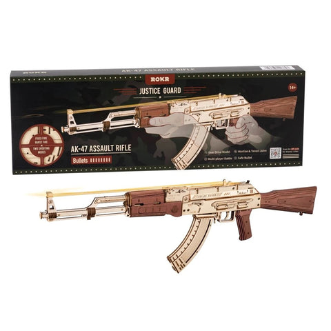 Robotime LQ901 Rokr Automatic Rifle AK-47 3D Wooden Assembly Guntoy Double Firing Modes Funny DIY Toys for Kids Adults Justice Guar